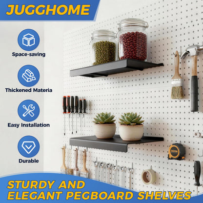 JUGGHOME 4 Pack Pegboard Shelves,10x4.3 Inch Metal Peg Board Shelving,Pegboard Accessories for Storing or Displaying,Pegboard Shelf Brackets for Retail Display Shelves,Garage Organizer,Home Storage