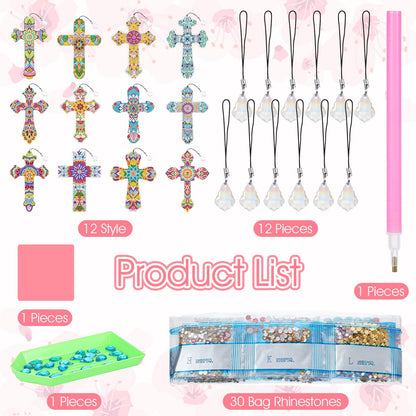 JIEYAO 12 Pcs Cross Diamond Art Bookmarks, 5D Diamond Bookmarks Kit, Rhinestone Painting Bookmark Cross Crystal Bookmarks Christian Bookmarks for Reading Lover Book Decor DIY Crafts Gift