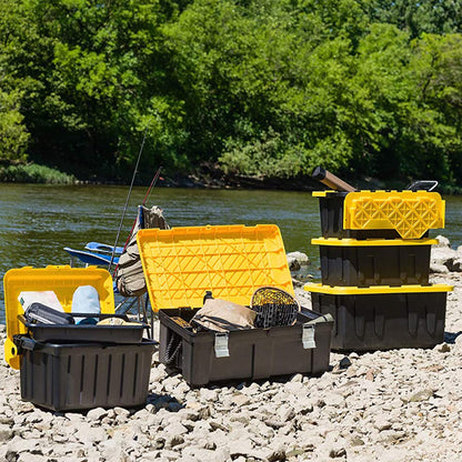 HOMZ 2-Pack Durabilt, Heavy Duty Plastic Storage Bins with Lids, 27 Gallon, Black/Yellow - Stackable Container Boxes for Home, Attic, and Garage Organization