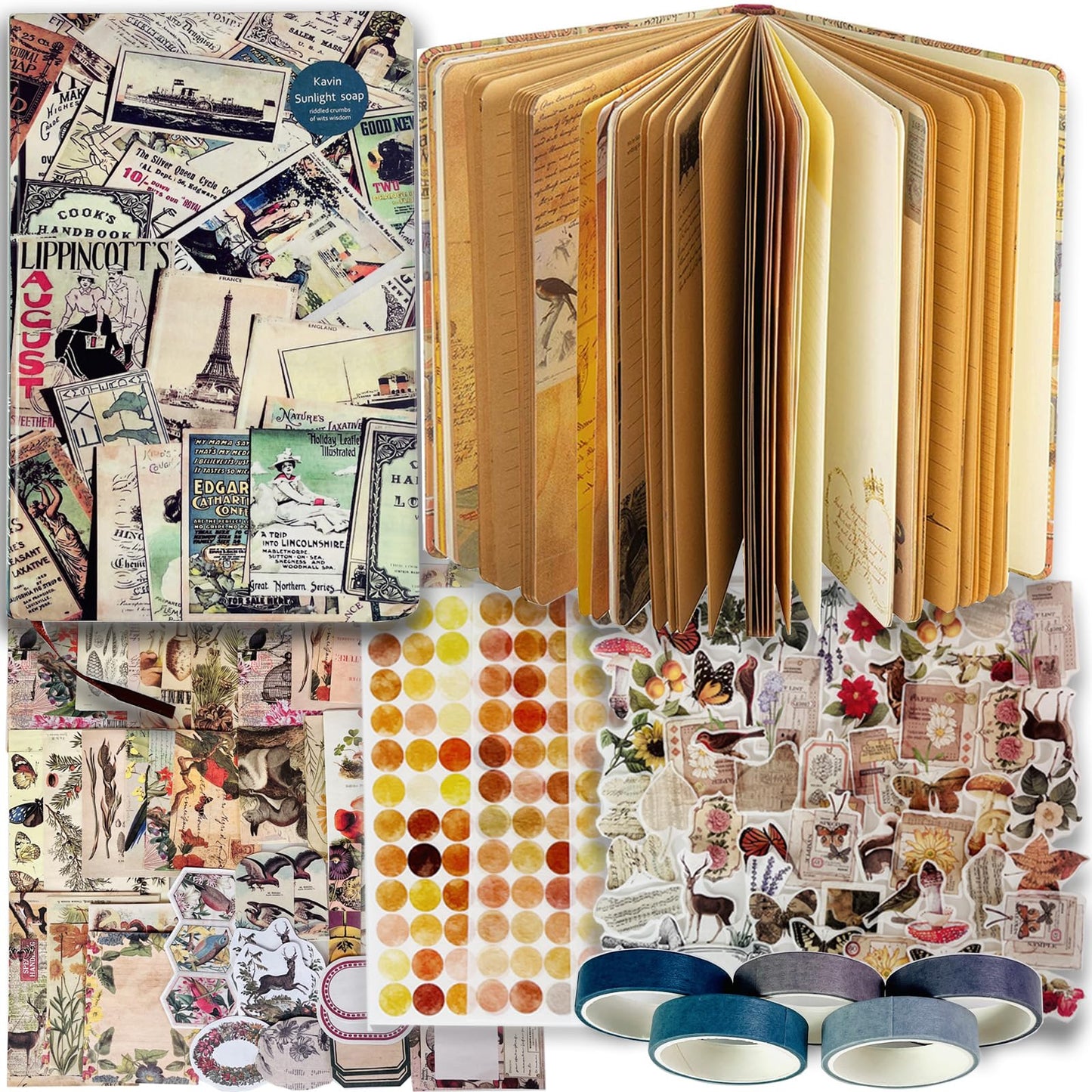 SaFeHoM 212 Pcs DIY Vintage Journal Set for Women Gifts Scrapbook Diary Supplies including Aesthetic Journals, Scrapbook Paper, Washi Stickers, Tape, Dot Stickers
