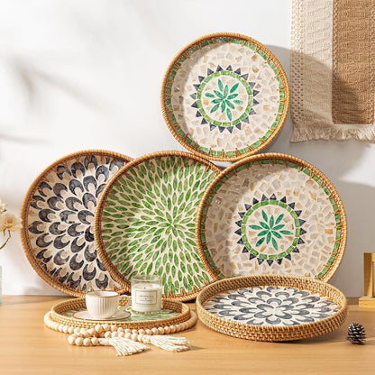 12'' Round Rattan Tray Home Decor, Wicker Serving Tray with Mother of Pearl Inlay, Boho Decorative Tray for Coffee