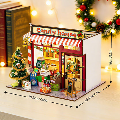 Book Nook Kit, 3D Wooden Puzzles Christmas Candy Shop Miniature House Dollhouse Booknook Mini House Making Kit Bookshelf Decorations Gifts for Family, Friends