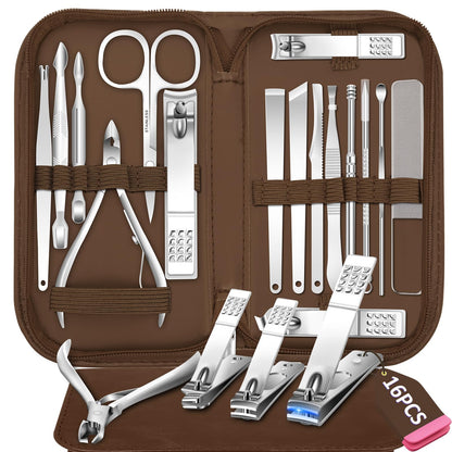 Manicure Set 16Pcs Professional Stainless Steel Pedicure Kit Mens Grooming Kit Fingernail & Toenail Clippers Set Manicure Kit with Luxurious Travel Bag, Sharp Nail Scissors and Clipper (Purple)