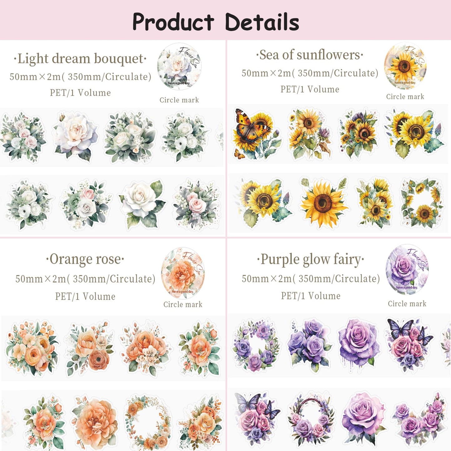 8Rolls Floral Washi Tape Set Flower PET Tapes Stickers for Crafts Journaling,Scrapbooking Supplies, Planner, Bullet Journals,Gift Wraping,Sunflower Rose Hydrangea Butterfly Decorative Masking Tape