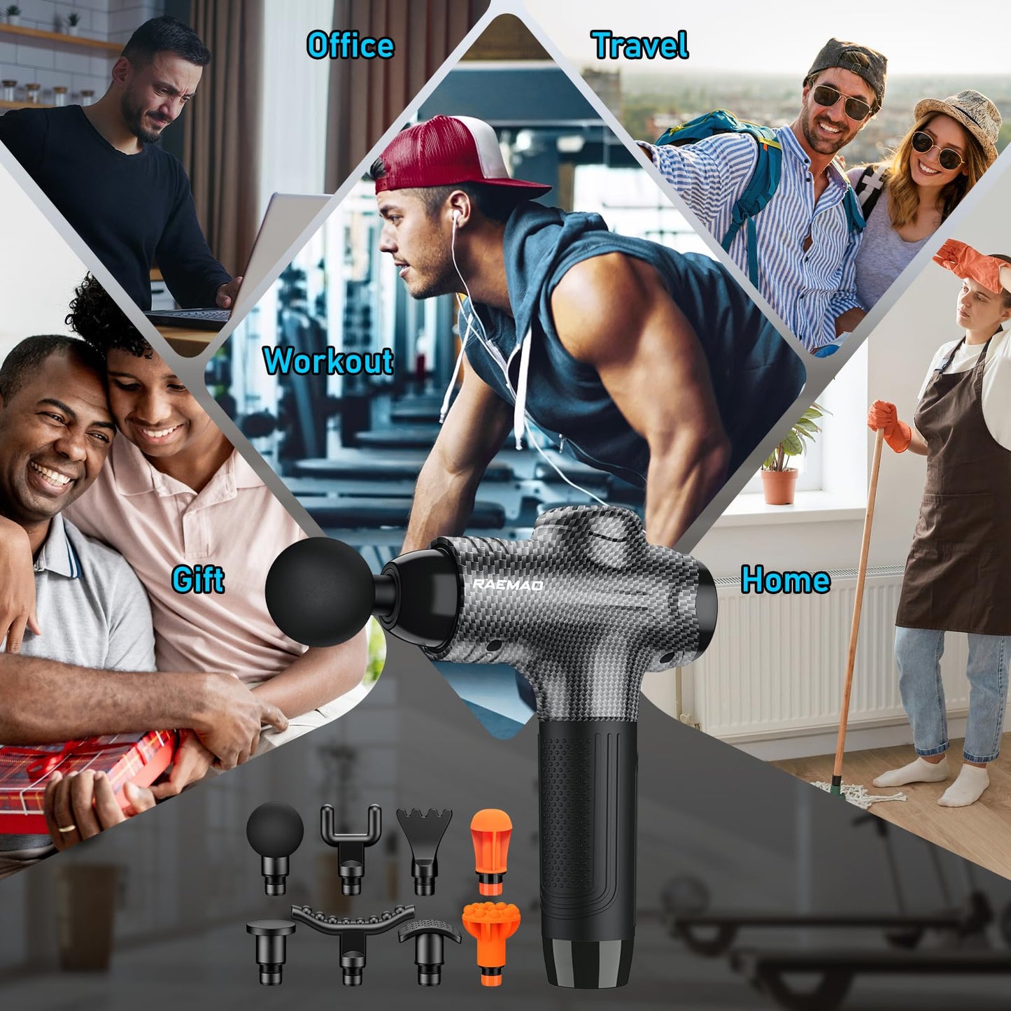 RAEMAO Massage Gun, Handheld Electric Deep Tissue Muscle Massager for Athletes for Pain Relief Attaching 8 Replacement Heads, Percussion Massager with 10 Speeds, Father's Day Gifts, Carbon