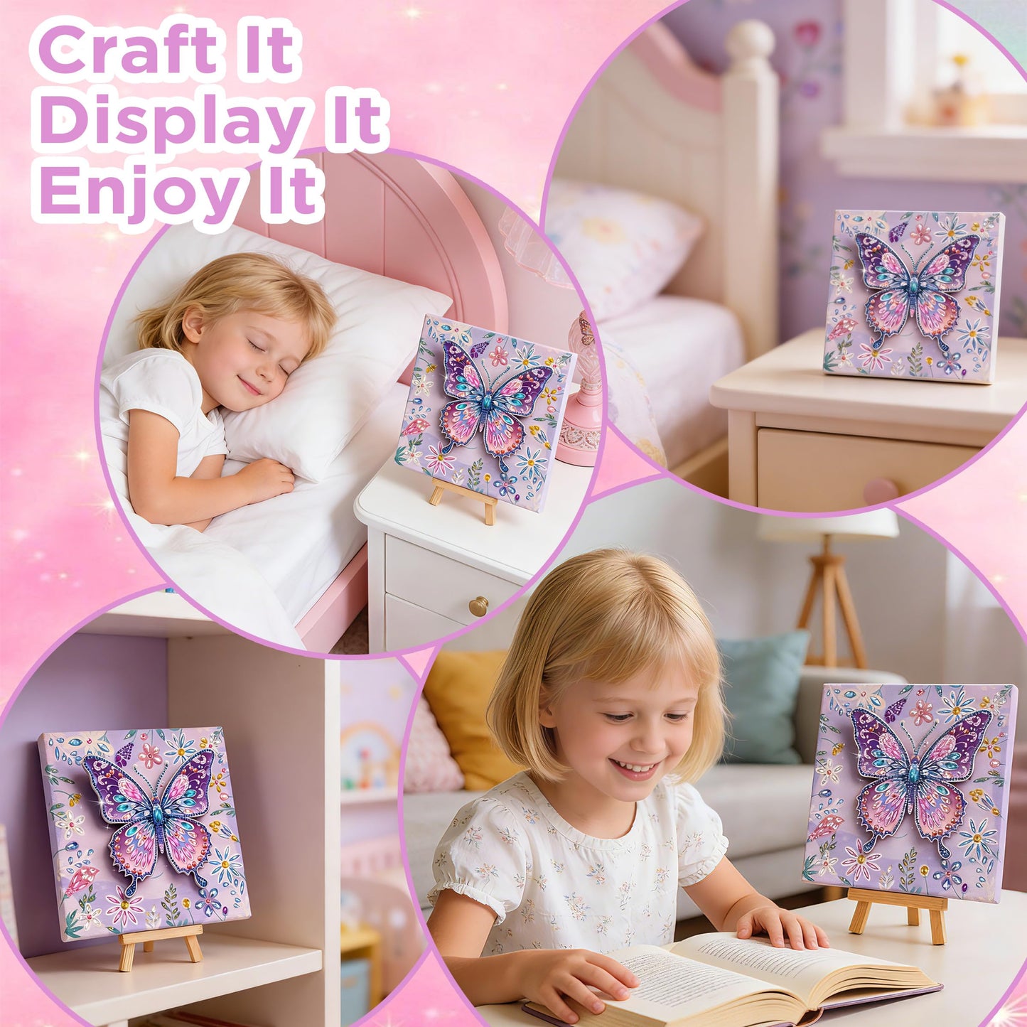 ZEHYRNE Arts and Crafts for Kids, Sparkling 3D Butterfly Diamond Art Kits for Girls 8-12 6-8, DIY Gem Art as Children's Day & Birthday Gift丨Bedroom Decoration with Wooden Stand (Purple)