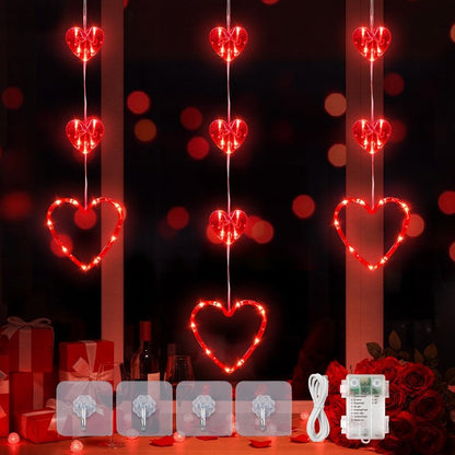 MYGOTO Valentines Day Window Lights, 65 LED 10 Red Heart Lights USB/Battery Operated, Timer Memory with 8 Modes Hanging Valentines Decorations Light for Valentine's Day Anniversary Wedding Decor