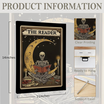 PHAMTE Boho Gothic Skeleton Reading Book Wall Art Decor Canvas 11x14, Celestial Moon Tarot Card Pictures Decorations, Goth Bookish Framed Prints Artwork for Reading Room Corner Nook Library Decor