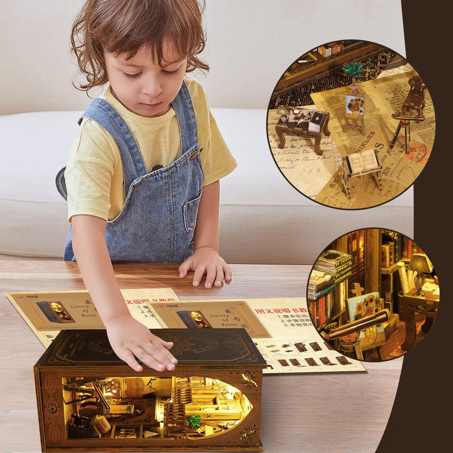 Book Nook Kit, MOJINO DIY Miniature 3D Puzzle Wooden Bookends Doll House with LED Lights for Bookshelf Decor, Tiny Miniverse Model House Art Craft for Adults Gril Halloween Christmas Decoration Gift