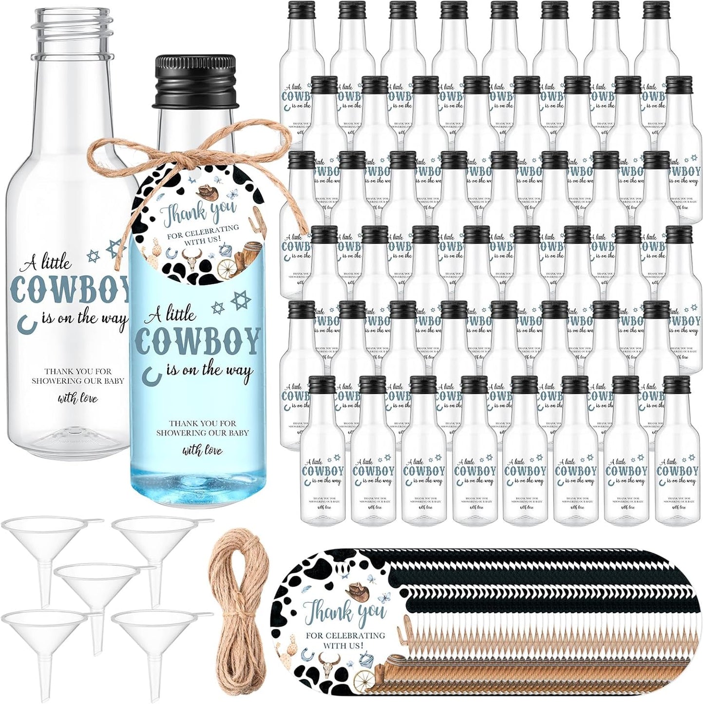 Funnymoom 50 Sets 1.7oz/50ml Cowboy Baby Shower Favors for Guests Mini Liquor Bottles and Thank You Cards Funnels Empty