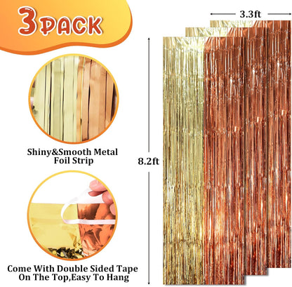 Voircoloria Foil Fringe Backdrop Curtains - 3 Pack of 3.3 x 8.2 ft Rose & Champion Tinsel Streamers for Parties