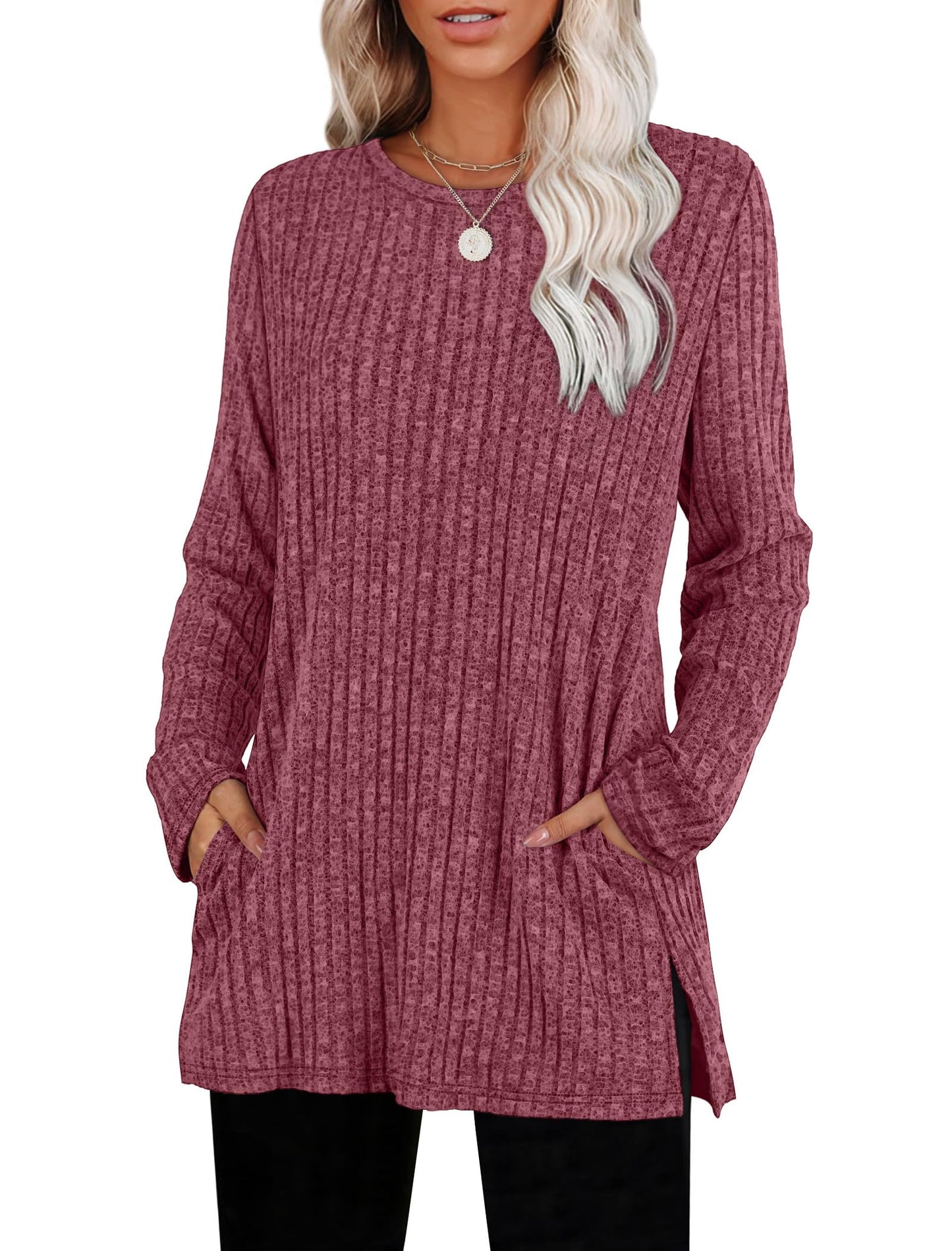 SAMPEEL Womens Sweaters Crewneck Long Sleeve Shirts with Pockets Fall Outfits 2025 Fashion Winter Clothing Side Slit