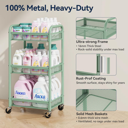 YASONIC 3 Tier Rolling Cart – Metal Utility Storage Carts with Wheels, Craft Carts Organizer with Hanging Cups, Hooks, Mesh Basket for Bedside Kitchen Office Art, Green