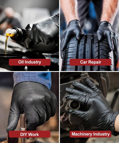 NEOTRIL 8 Mil Heavy Duty Disposable Nitrile Gloves with Raised Diamond Texture Grip Rubber Gloves, Latex & Powder Free Mechanic Glove for Household Cleaning, Black | 50 Pcs
