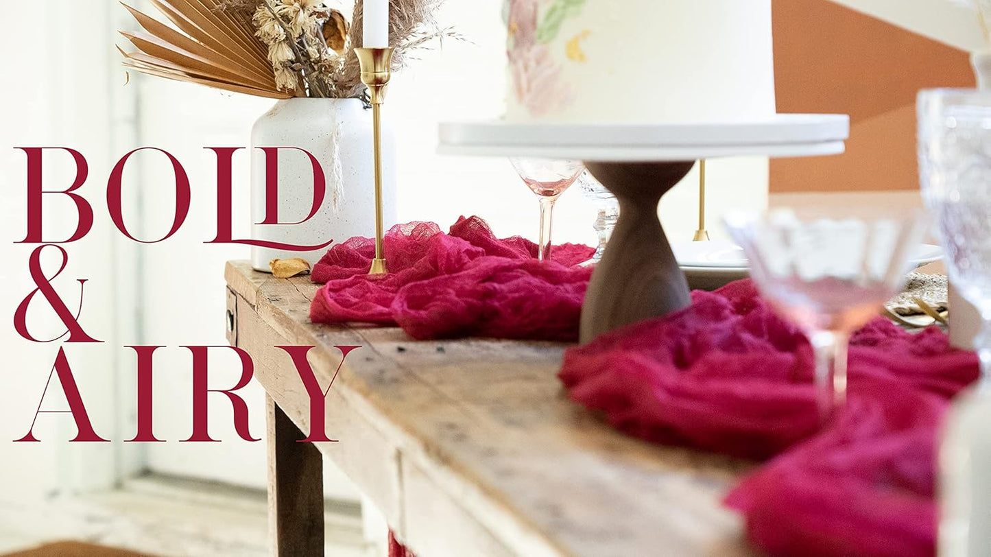 LS Designs Rustic Gauze Cheesecloth Table Runner - 36 x 180 inches (Carmine Red), Open Edge, Non-seared for Weddings