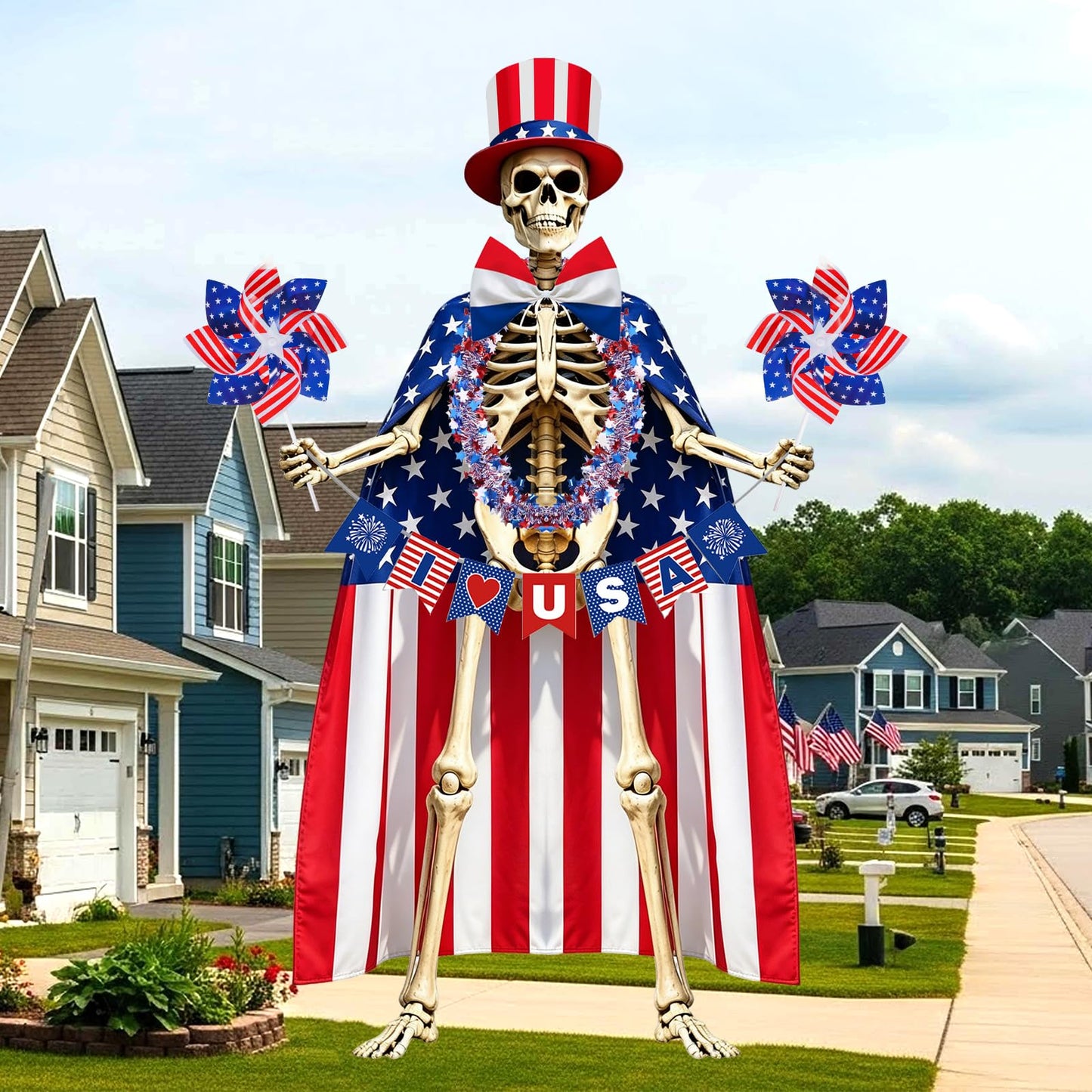 8 Pcs 4th of July 12 Ft Skeleton Costume Set Skeleton Clothes Accessories Independence Day Hat Tie Garland American Flag Cape Banner Pinwheels for 250th Anniversary Patriotic Garden Lawn Outdoor Decor