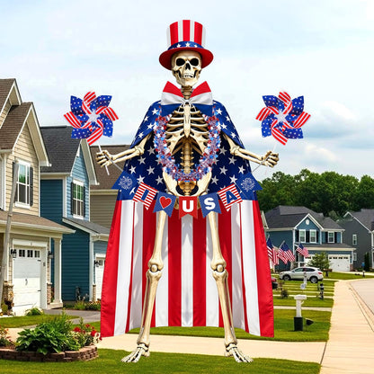 8 Pcs 4th of July 12 Ft Skeleton Costume Set Skeleton Clothes Accessories Independence Day Hat Tie Garland American Flag Cape Banner Pinwheels for 250th Anniversary Patriotic Garden Lawn Outdoor Decor