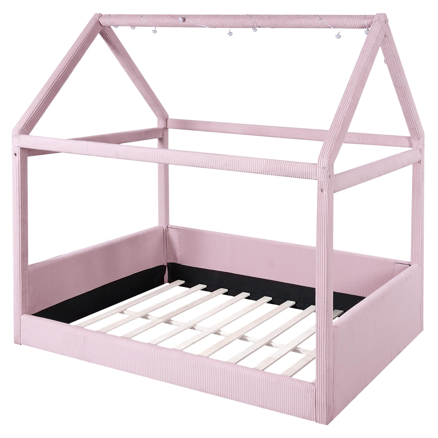 Merax Modern Upholstered House Bed, Floor Upholstered Sofa Daybed with Wood Slat Support,Platform Bed Frame with Headboard/Full, Pink