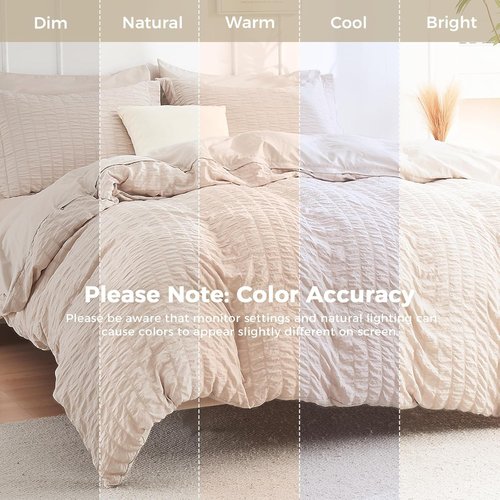HYMOKEGE King Size Comforter Set - 7-Piece Seersucker Luxury Bedding in Beige for All Seasons