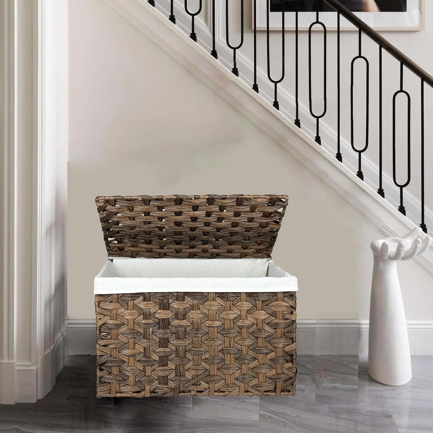 Storage Basket with Lid, 17.2 Gallon Wicker Storage Trunk with Handles, Handwoven Basket for Living Room