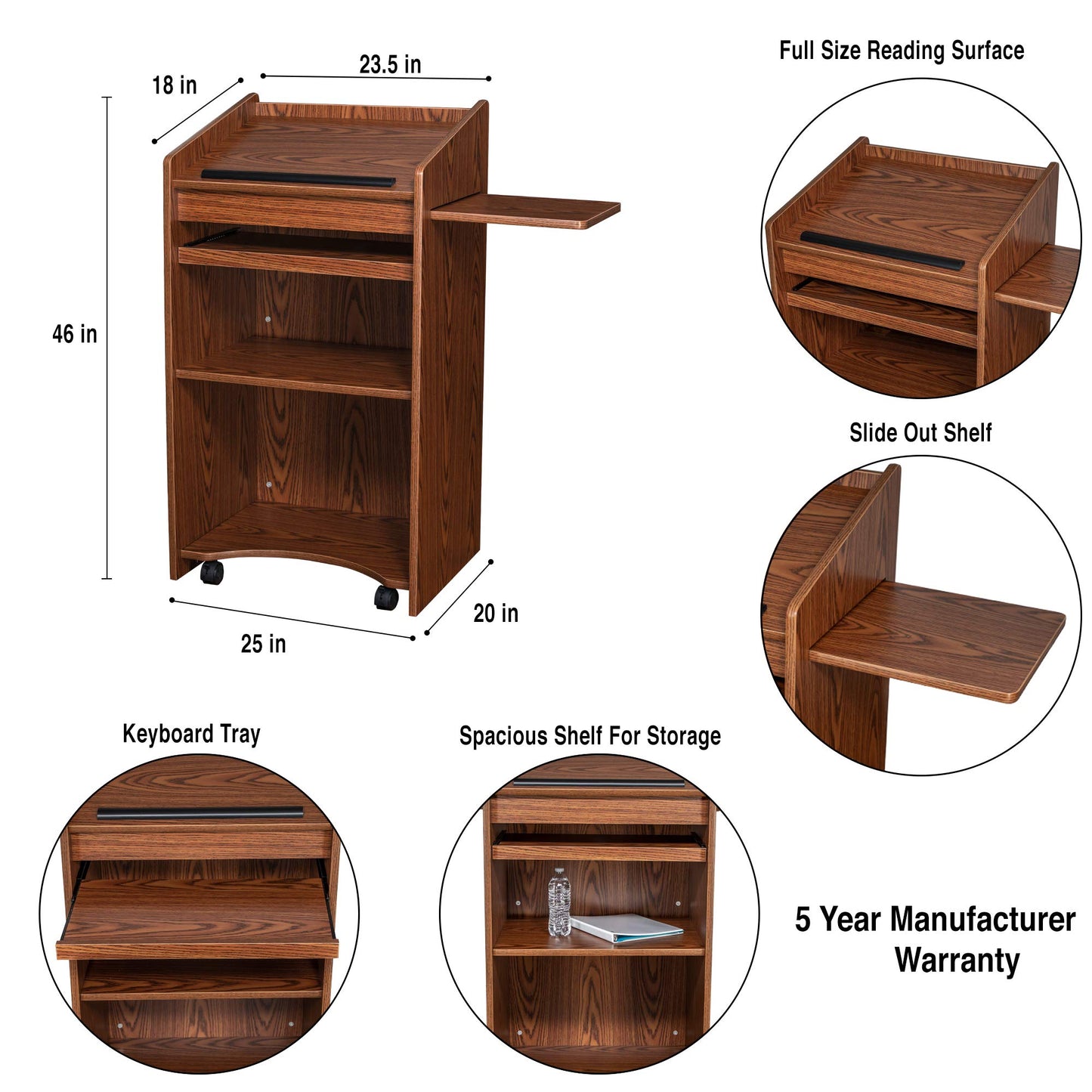 OEF Furnishings CoreCommand Series Mobile Lectern with Side Shelf (Medium Oak)