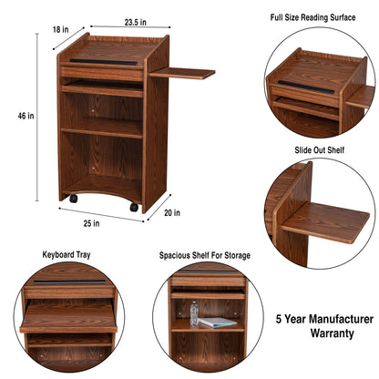 OEF Furnishings CoreCommand Series Mobile Lectern with Side Shelf (Medium Oak)