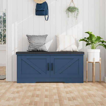 HOMSHO 2-Tier Storage Bench, 39.4" Wide Shoe Bench with Padded Seat Cushion, Entryway Bench with 2 Barn Doors and Adjustable Shelf, Blue