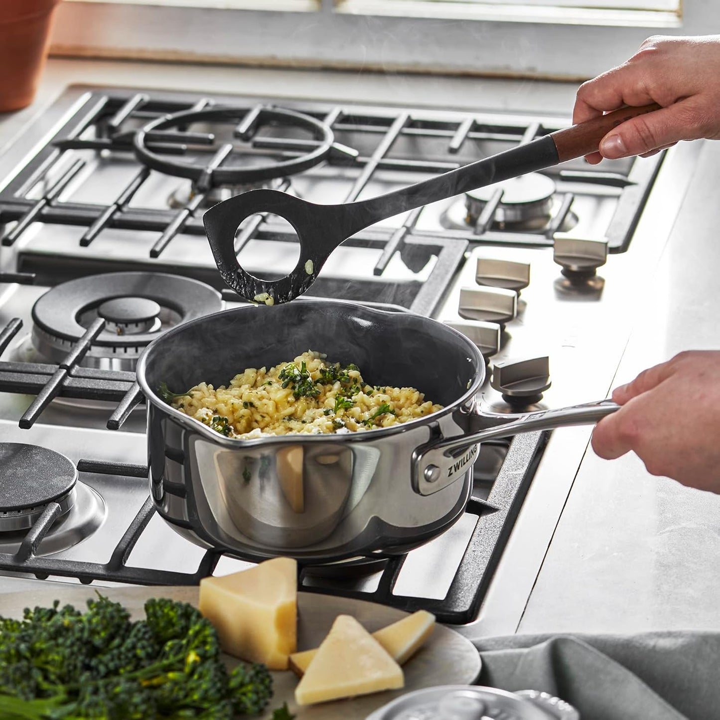 STAUB Risotto Spoon, Durable BPA-Free Matte Black Silicone Cooking Utensil with Acacia Wood Handles