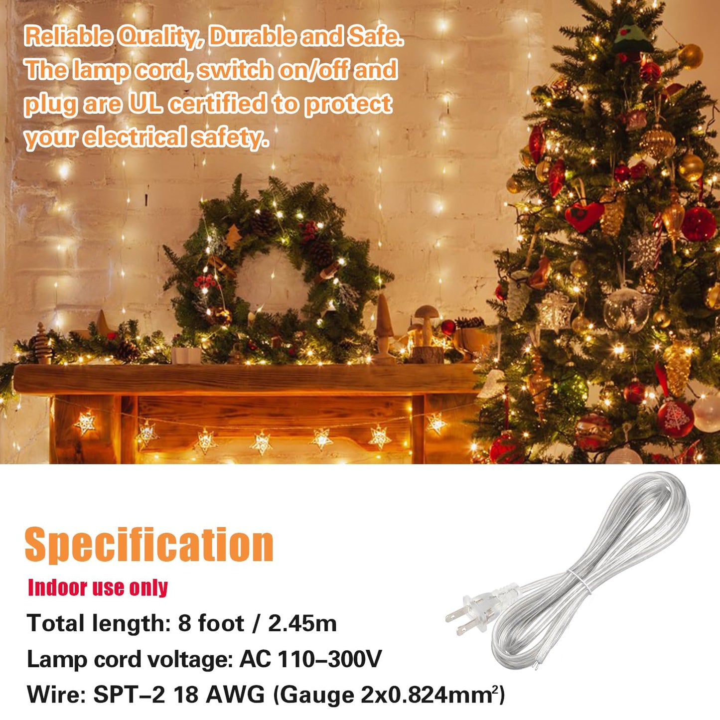 Asjeumt 2 Pcs 8 FT Lamp Cord with Plug, Replacement Lamp Wire with Plug, Clear SPT-2 Lamp Cord Wire 2 Polarized Molded Plug 18 AWG Power Cord, 8 Feet DIY Rewiring Repair Wiring Electrical Light Cords