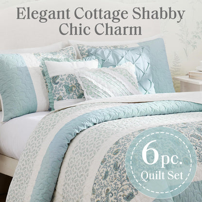 Madison Park Cotton Quilt Set Floral Print, Double Sided Stitching, All Season, Lightweight Coverlet Shabby Chic Bedding Layer, Matching Shams, King/Cal King, Aqua 6 Piece