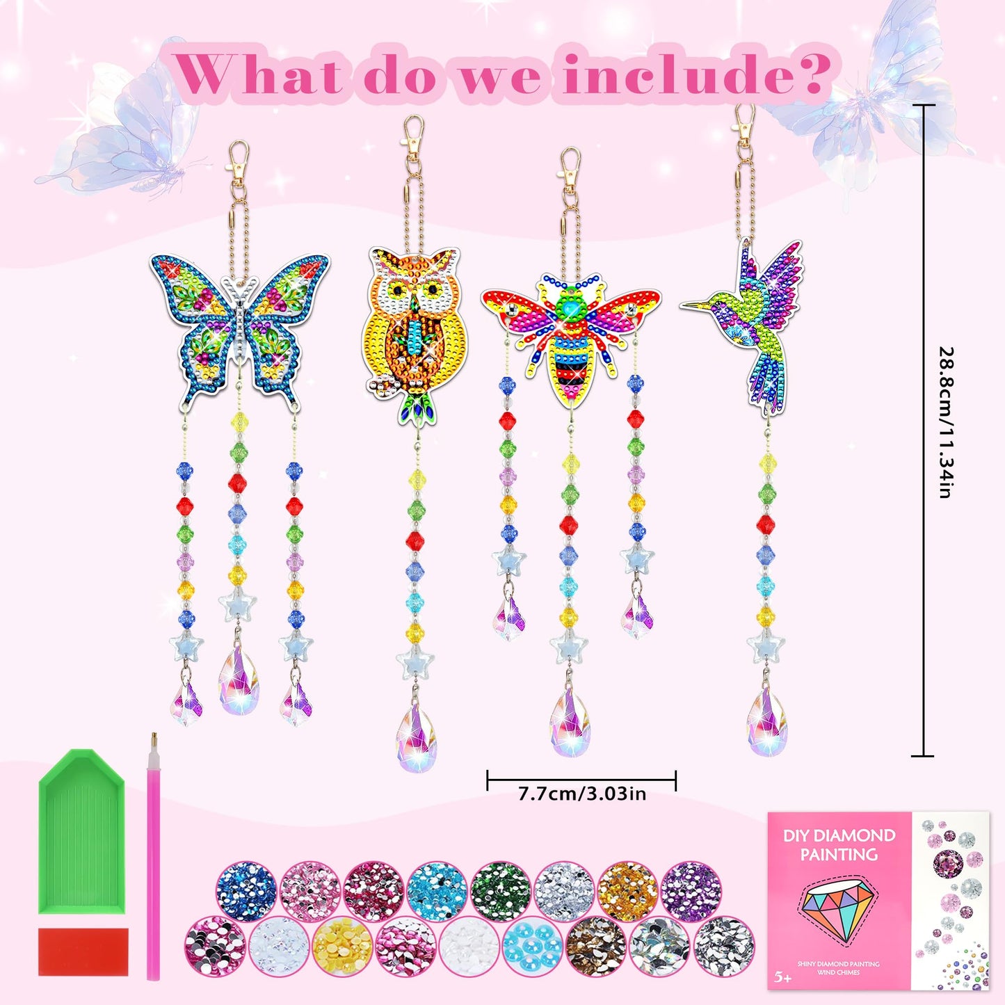 4Pcs Diamond Art Kits for Kids/Adults, Crafts for Kids Ages 8-12, Birthday Gifts for 6 7 8 9 10 11 Year Old teen Girl, Diamond Painting Kits wind chimes Crystal Window Suncatcher, Home Garden Decor