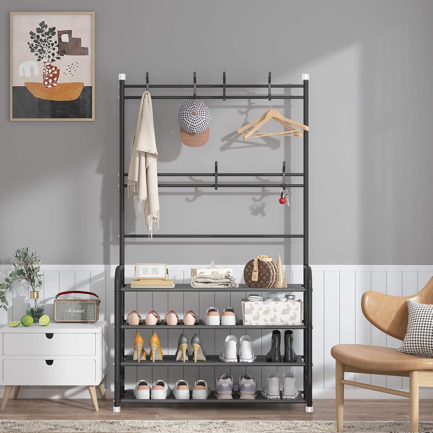 Rack,3-in-1 4-Tier 8 Hooks,16-20 UDEAR Entryway Coat Hall Tree Multifunctional Storage Shelf with Shoe Bench and Pairs