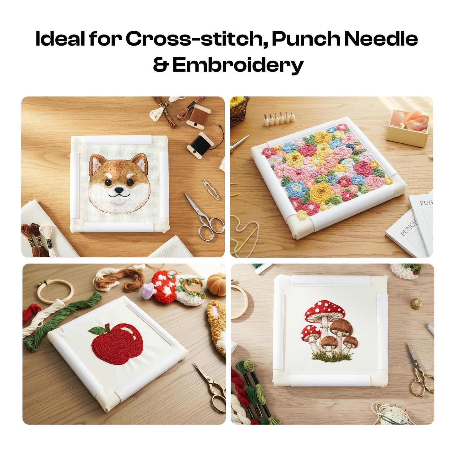 Caydo 3 PCS Square Embroidery Hoops, Plastic Cross Stitch Snap Frames with Sewing Needles for Quilting, Needlepoint & Silk-Painting 6 x 6, 8 x 8, 11 x 11 in(White)
