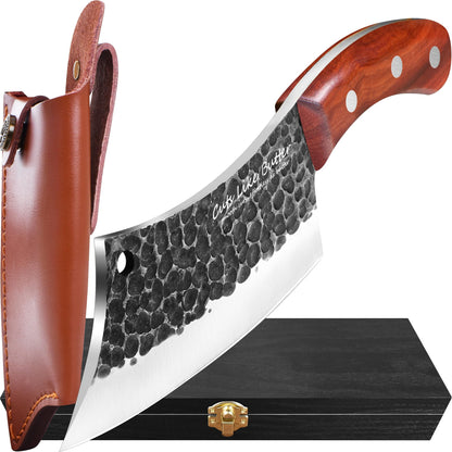 Cuts Like Butter 6.2 Inch Meat Cleaver Butcher Knife with Leather Sheath, Wooden Gift Box, Full Tang High Carbon Steel Japanese Chef Knife for Kitchen Outdoor, Gifts for Women Men Christmas Birthday