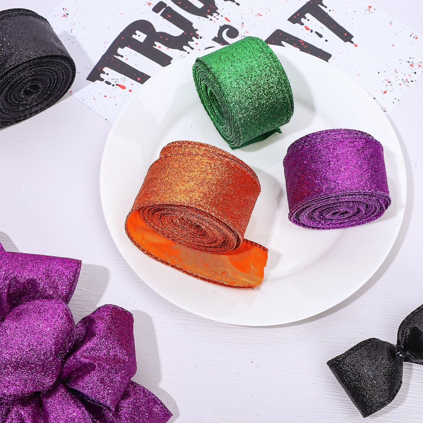 Whaline 40 Yards Halloween Glitter Wired Ribbon Green Orange Purple Black Gift Wrapping Ribbon Halloween Decorative Ribbons for Crafts Bow Wreath DIY Gift Wrapping Supplies, 4 Rolls