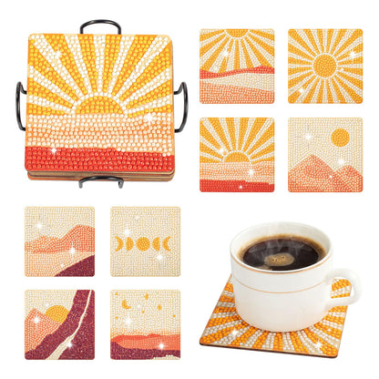 Etenpo 8 Pack Diamond Art Coasters with Holder, Wooden Sun Shape Diamond Painting Coasters for Adults Beginners, DIY Mandala Craft Kits for Gifts and Home Decor (10x10cm)