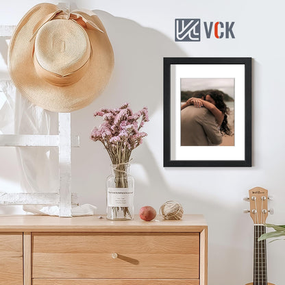 VCK 11x14 Picture Frame Set of 2 - Black, Textured Exclusive Wooden Frames with HD Glass, Display Photo 8x10 with Mat or 11x14 Without Mat