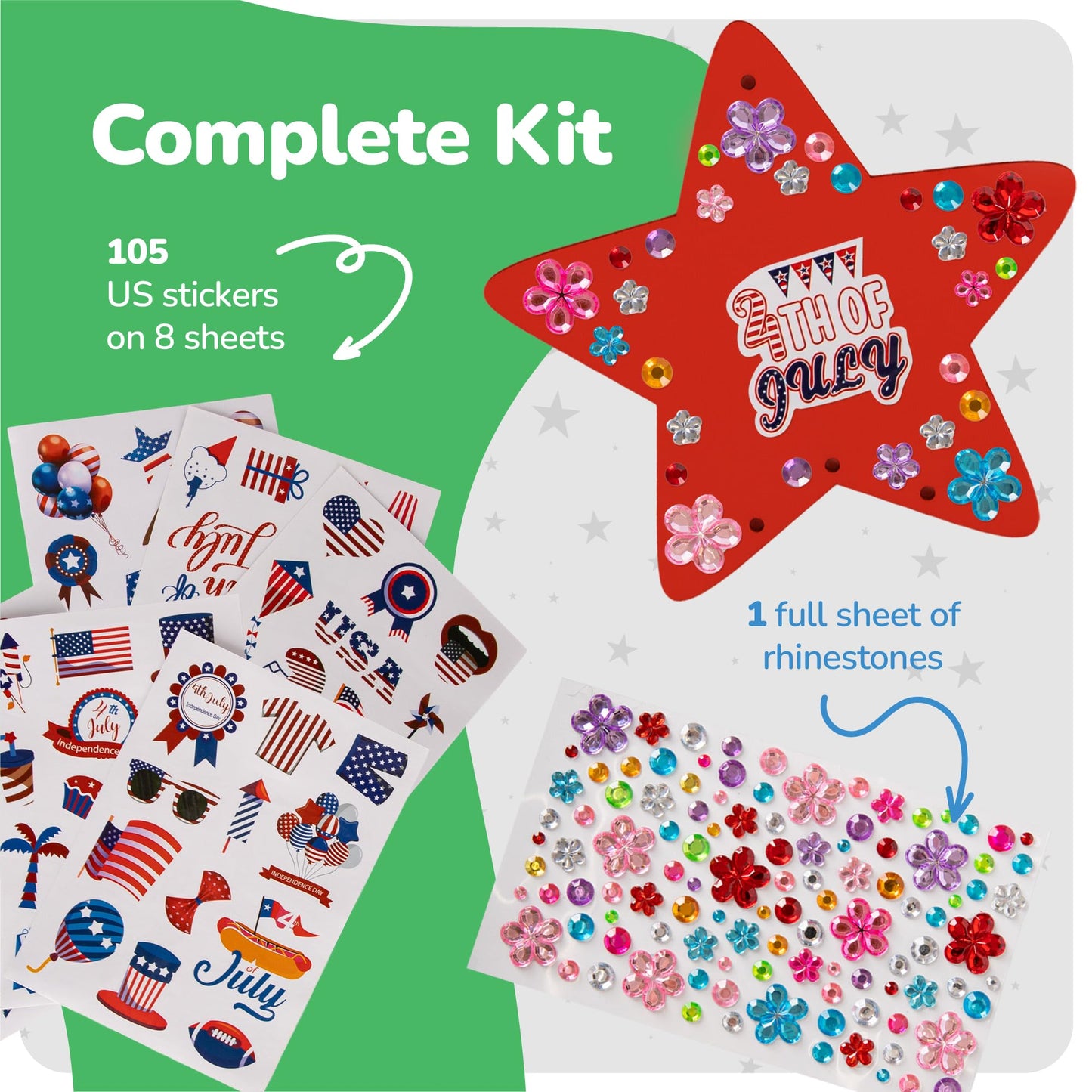 ArtCreativity Patriotic DIY Wind Chime Kit for Kids - 9 Pack - Wooden Wind Chime Set with Paint Kit, Rhinestone Flower Stickers, 105 Stickers, and More - July 4th Arts and Crafts for Kids 3 and Up