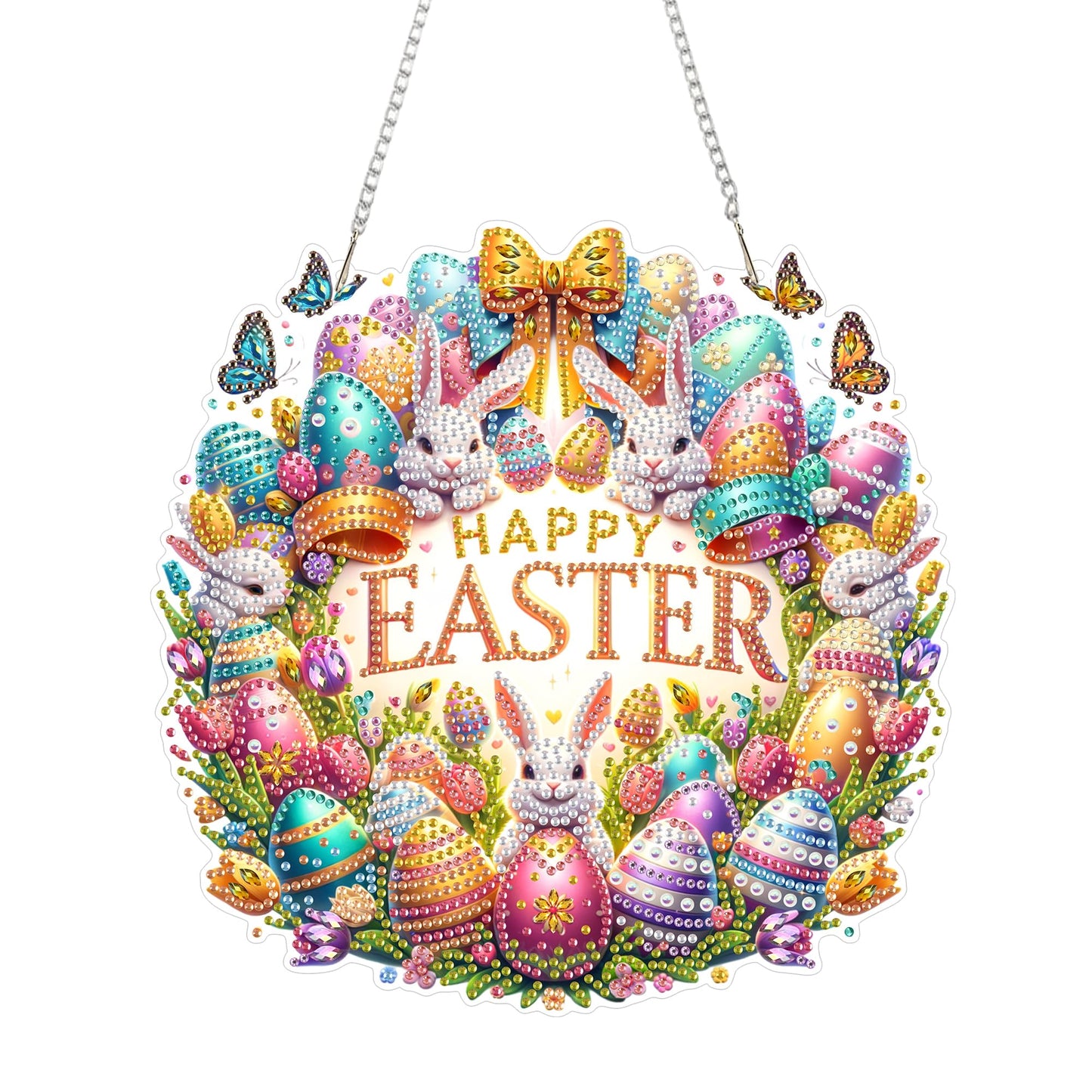Aeepics Hanging Diamond Art Kit for Adult Easter, DIY Diamonds Painting Pendant Ornament Kit, Acrylic Diamond Art Painting Board Kit (Happy Easter Wreath)