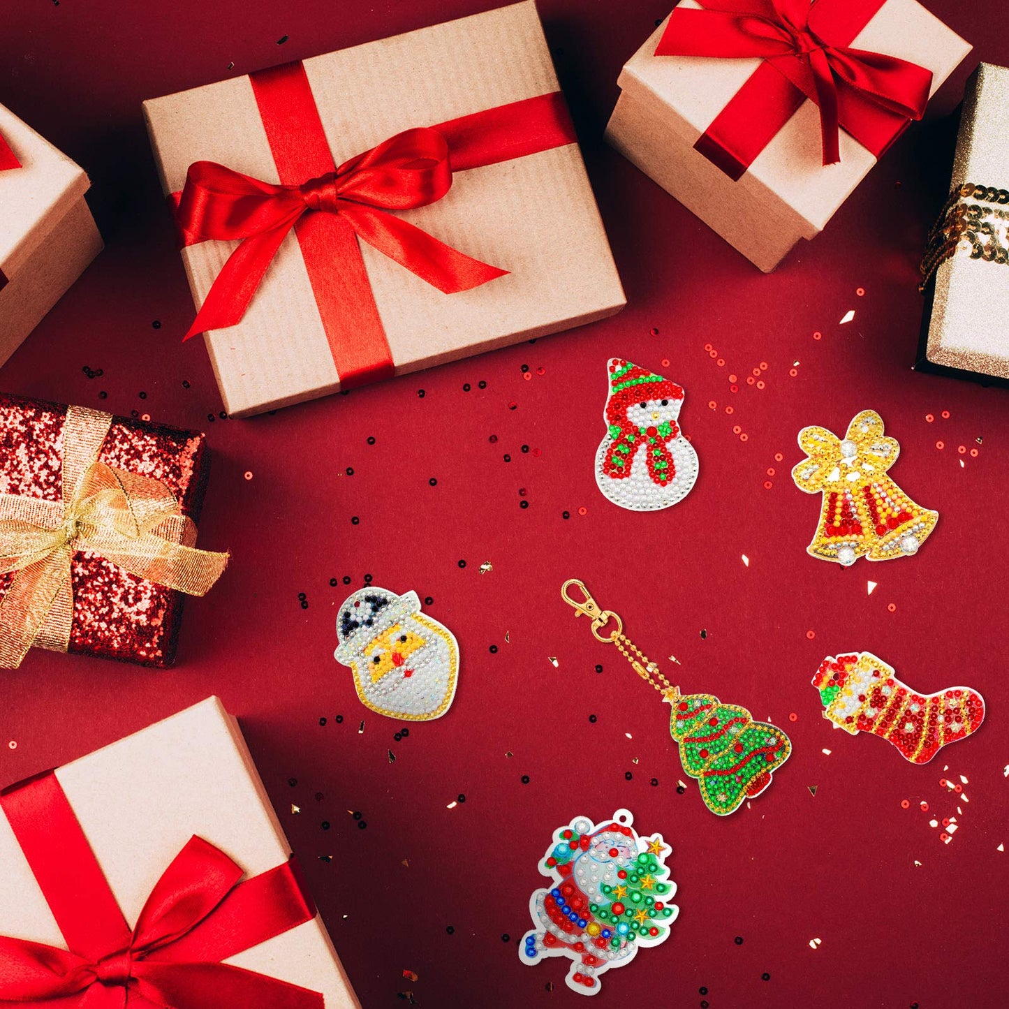 WILLBOND 16 Pieces Christmas Diamond Key Chain Kits Double Sided Diamond Art Keychain Bulk Diamond Christmas Ornament 5D Diamond DIY Painting Key Ring Pendant Christmas Tree for DIY Christmas Decor