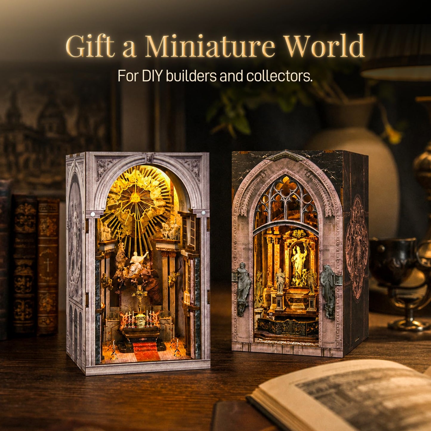 MiniCity 2 Pack Book Nook Kit, DIY 3D Wooden Puzzles for Adults, Teens and Beginners, Miniature Tiny House Kit for Bookshelf Decor, Bookish Gift for Family, Friends, Book Lovers
