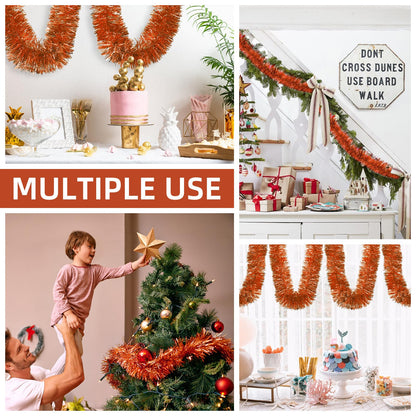 3 Pieces 59 Feet Christmas Foil Tinsel Garland, Metallic Tinsel Twist Garland Shiny Hanging Decorations for Holiday Tree, Party Supplies for Wedding, Birthday, Halloween (Orange)