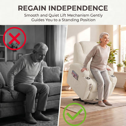 Flamaker Power Lift Chair Massage Recliner Chairs for Elderly, Corduroy Ergonomic Design with Cup Holders & Side Pockets, Remote Control (White)