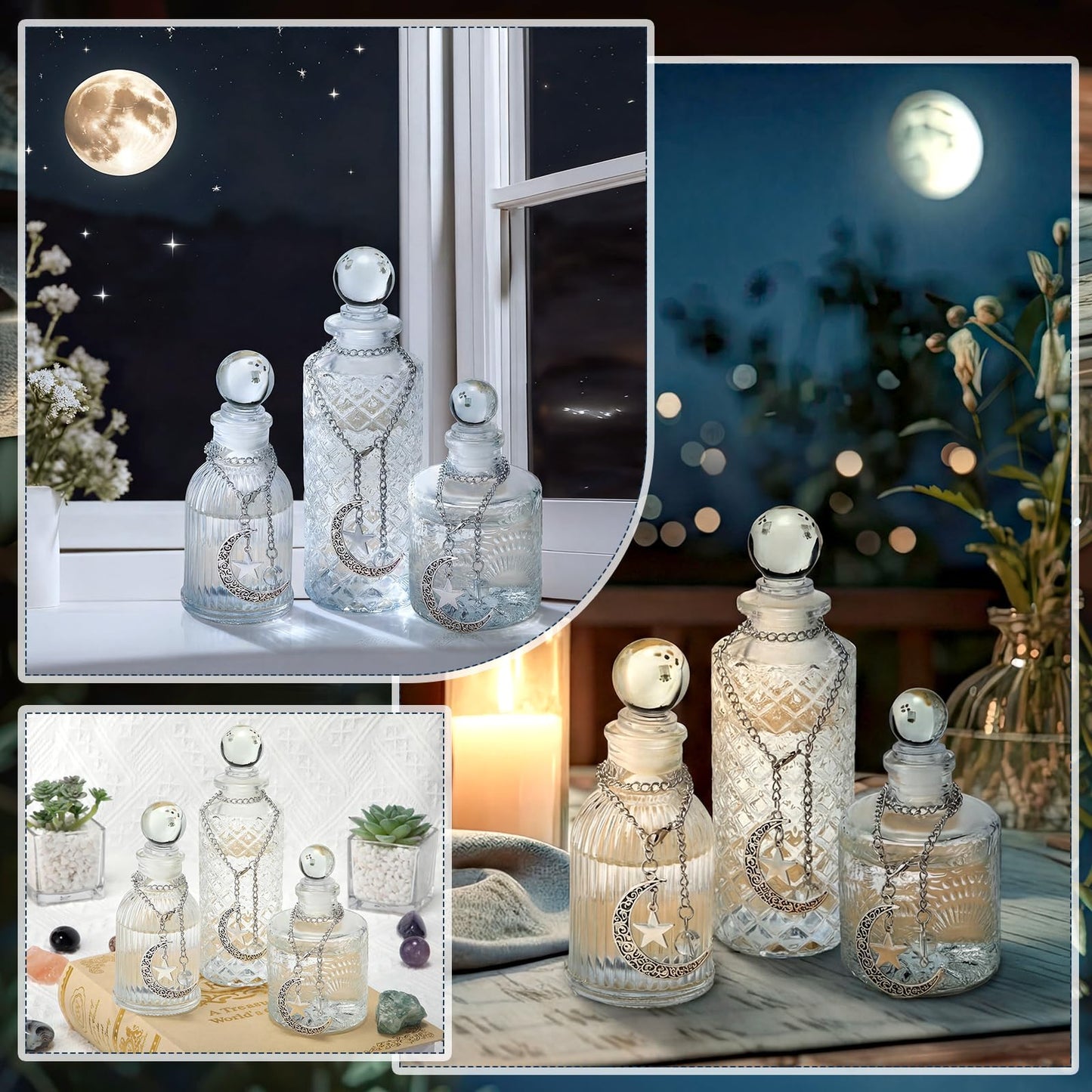 Potchen 3 Pcs Moon Energy Glass Bottle with 3 Lunar Star Spiritual Moonlight Water Jar Chain Charging Container with Lid for Infusing Intentions Crystal Cleansing Meditation Witchcraft Home Decor