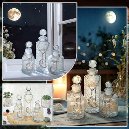 Potchen 3 Pcs Moon Energy Glass Bottle with 3 Lunar Star Spiritual Moonlight Water Jar Chain Charging Container with Lid for Infusing Intentions Crystal Cleansing Meditation Witchcraft Home Decor