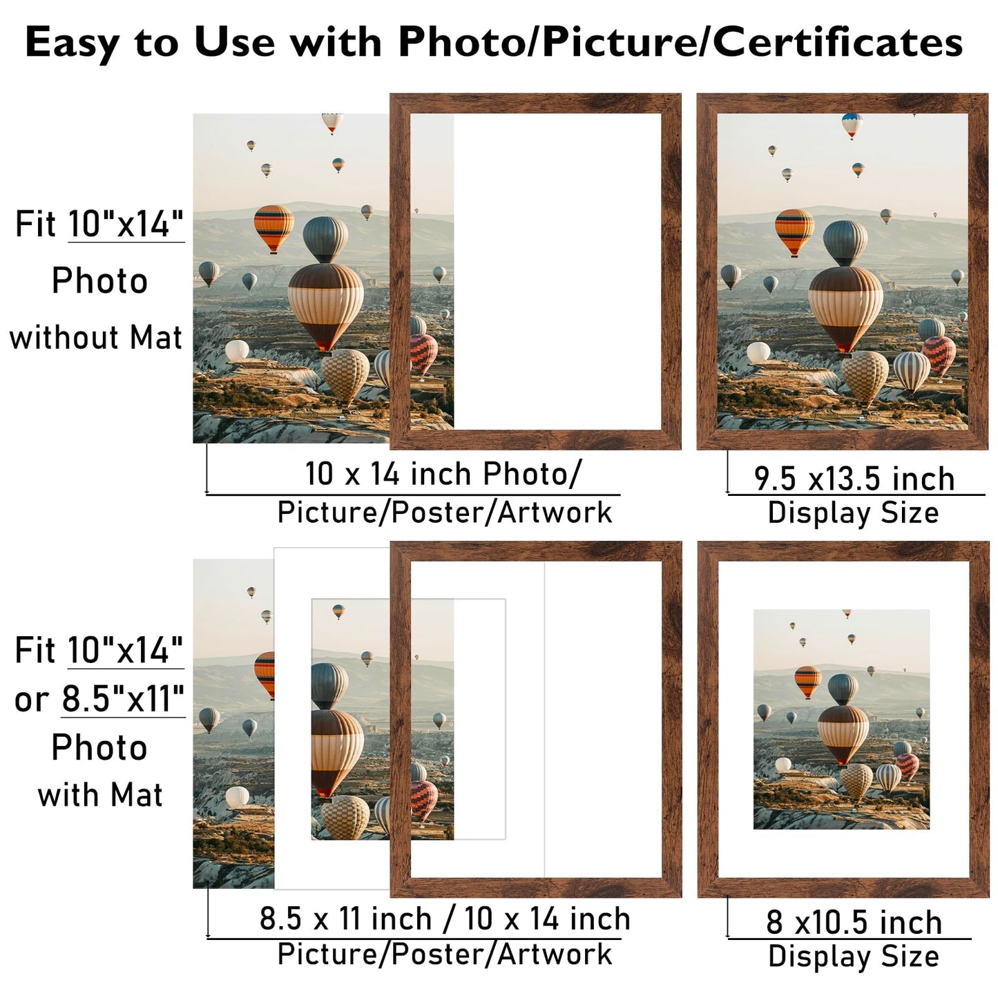 10x14 Picture Frame Set of 9 for 30 x 40 cm Diamond Art Painting, Display 8.5x11 with Mat or 10x14 without Mat, Wood 10 by 14 Wall Gallery Poster Photo Frames Bulk with 8.5x11 Mat,9 Pack, Deep Brown