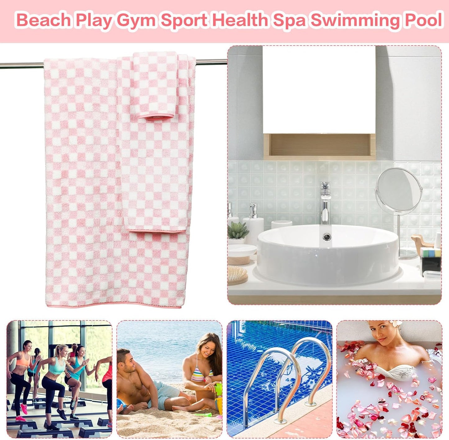 6 Set Kinlop Pcs Checkered Bath Towels Coral Washcloth Soft Fleece Quick Dry Patterned Hand Towel for Bathroom Back