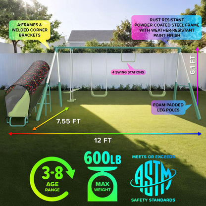 Sportspower Arcadia Light Zone Metal Swing Set for Kids, Outdoor Playset with LED Light-Up 5ft Slide, Slide Tunnel, Swings & Trapeze, 6ft Heavy-Duty Steel Frame, 600lbs Capacity