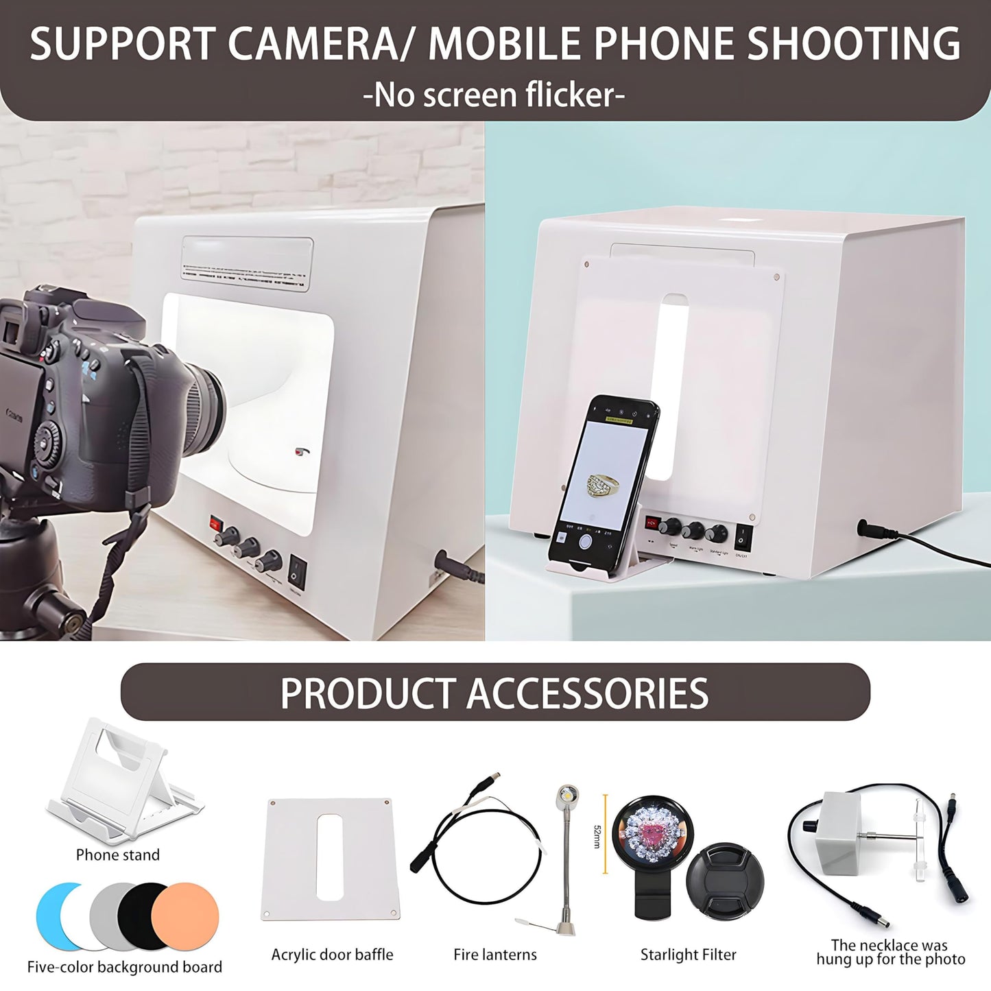 QIUNAOZI Adjustable Turntable Premium Photo Studio, Jewelry Photography Light Box with Turntable, Turntable Diameter 11/15cm, 4pcs Fill Lights, Hanging Bracket, for Jewelry, Small Items Black-TB30