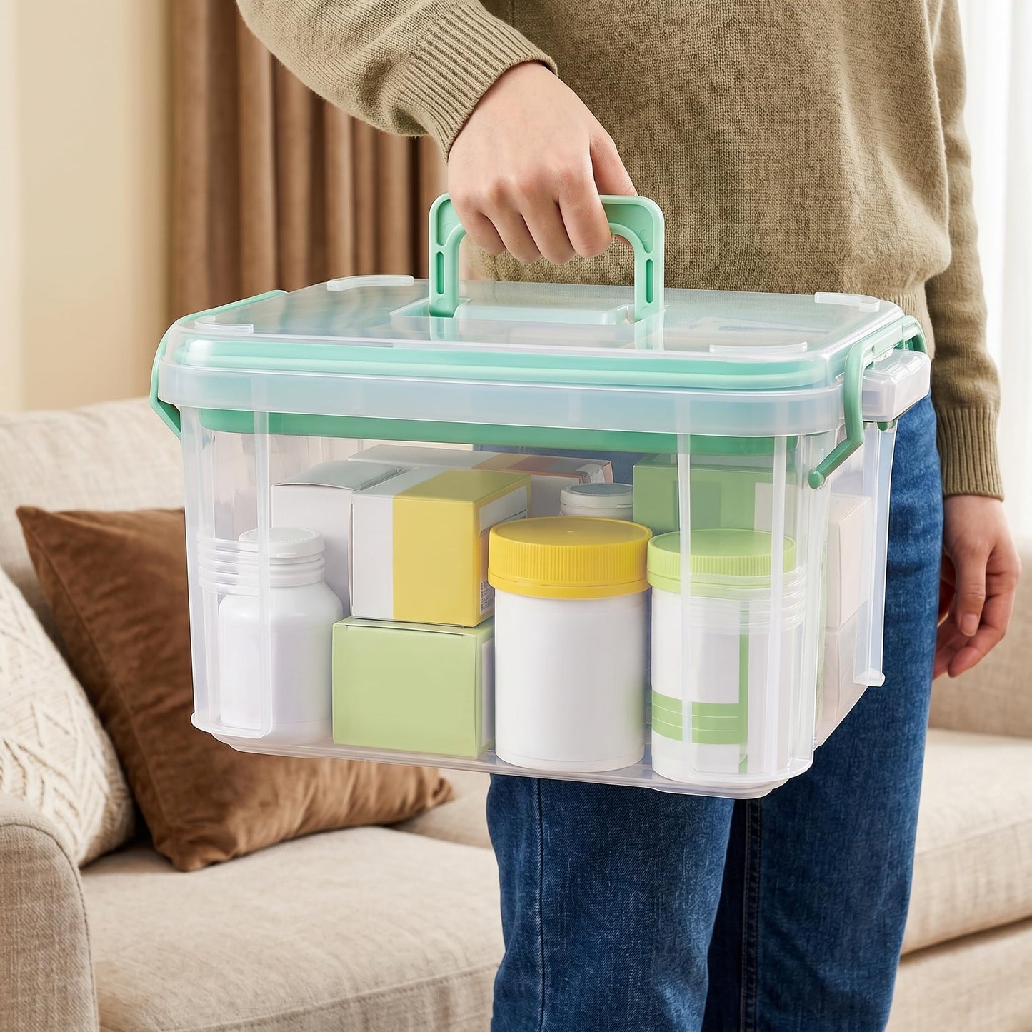 Goaste 15QT Clear Medicine Organizer Box with Handle, Plastic Medicine Container with Detachable Tray, Portable First Aid Bin Empty, Multipurpose Medical Storage Case for Home, Craft Supplies, Green